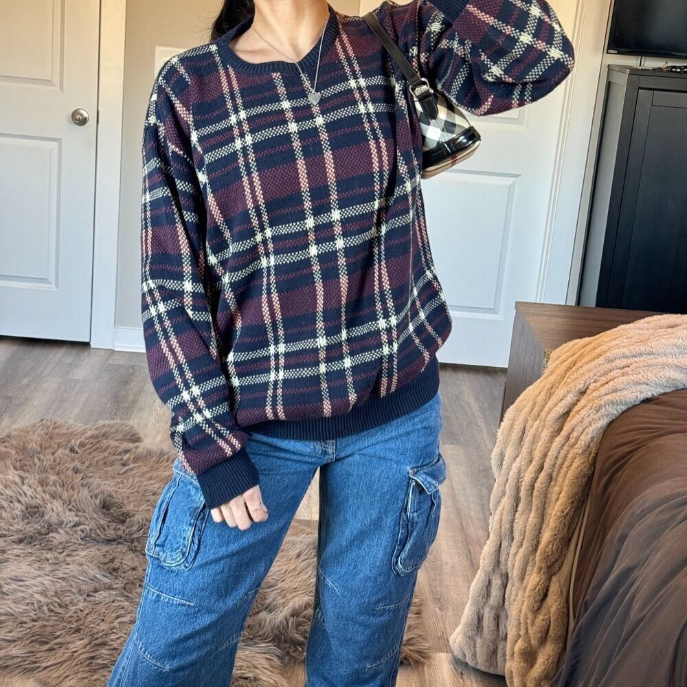 Vintage Plaid Knit Jacquard Crewneck Sweater Grandpa 90s Y2K Retro Streetwear